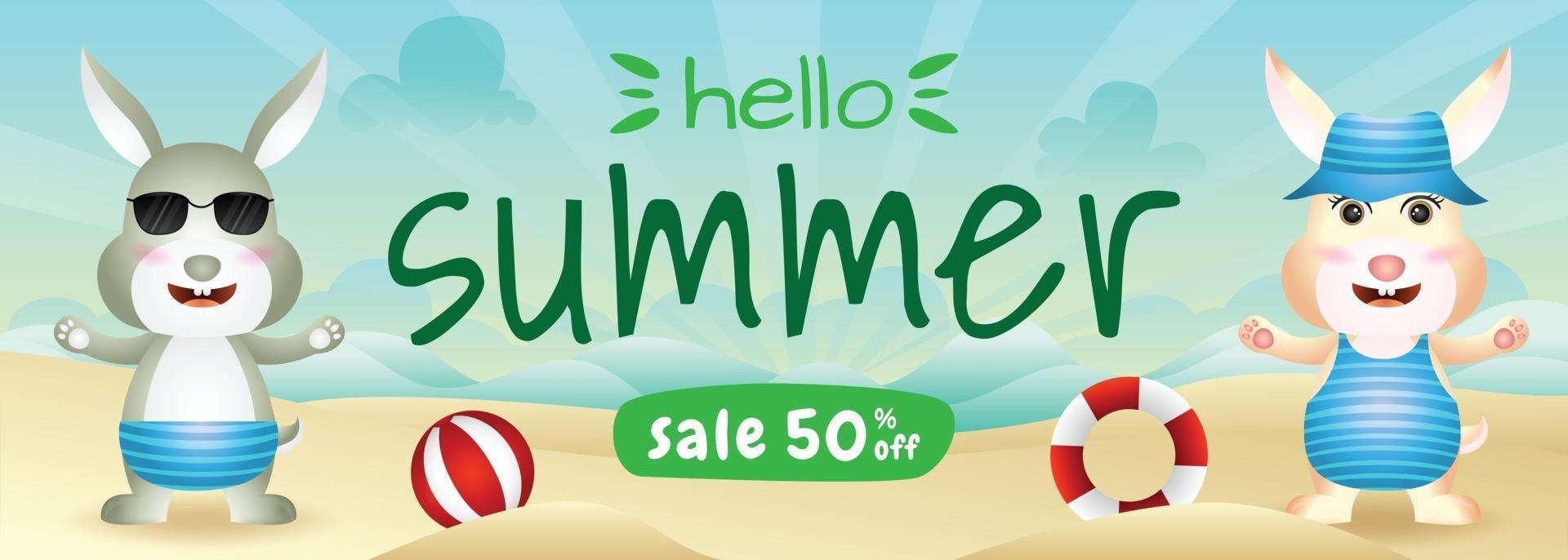 Banner de venta de verano con un lindo conejo en la playa. vector