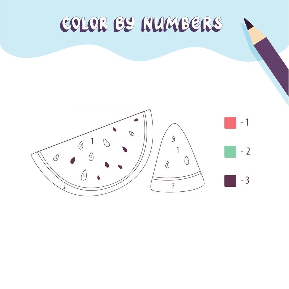 Coloring page with cute slices of watermelon. Color by numbers. Educational kid game, drawing childrens activity, printable worksheet. vector