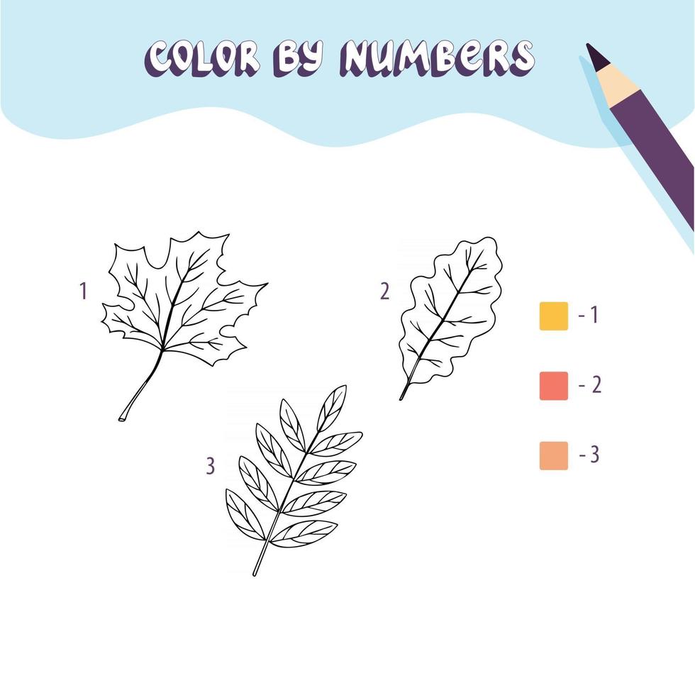 Coloring page with cute autumn leaves. Color by numbers. Educational kid game, drawing childrens activity, printable worksheet. vector