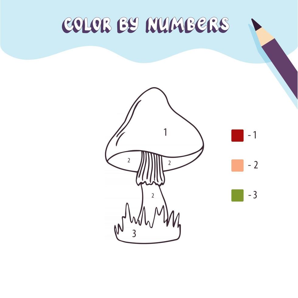 Coloring page with cute forest mushroom in the grass. Color by numbers. Educational kid game, drawing childrens activity, printable worksheet. vector