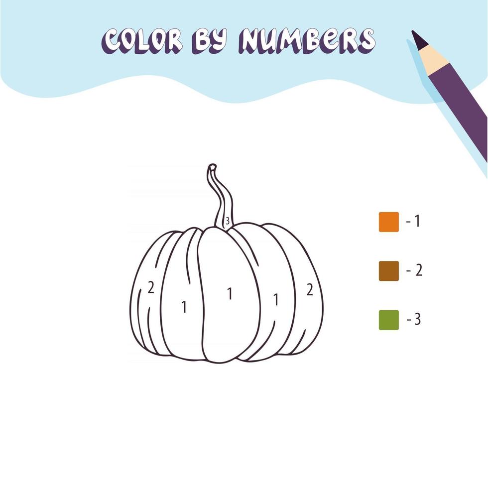 Coloring page with cute pumpkin. Color by numbers. Educational kid game, drawing childrens activity, printable worksheet. vector