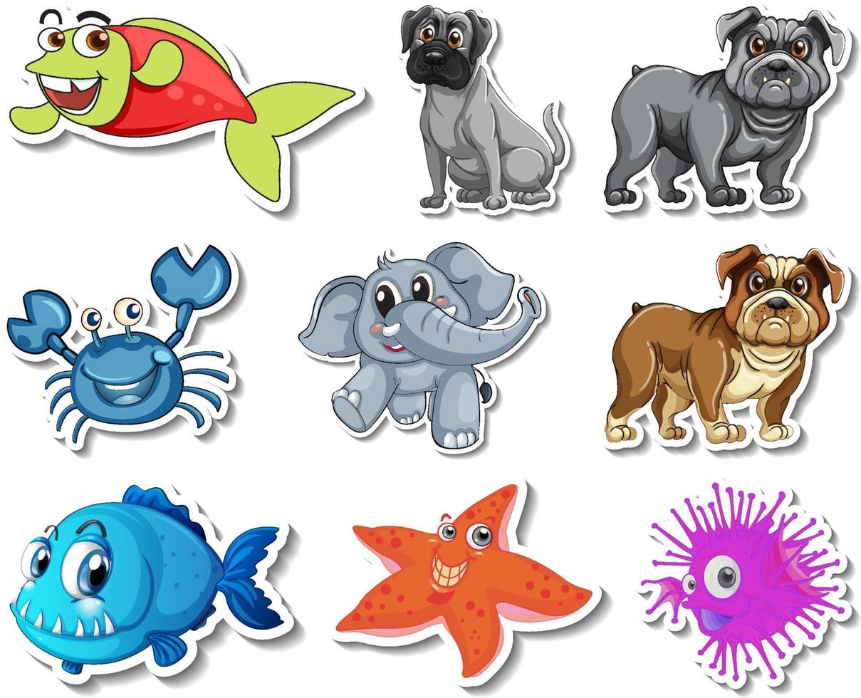Set of stickers with sea animals and dogs cartoon character vector