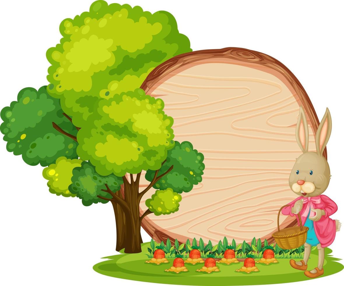 Empty wooden banner in the garden with a rabbit isolated vector