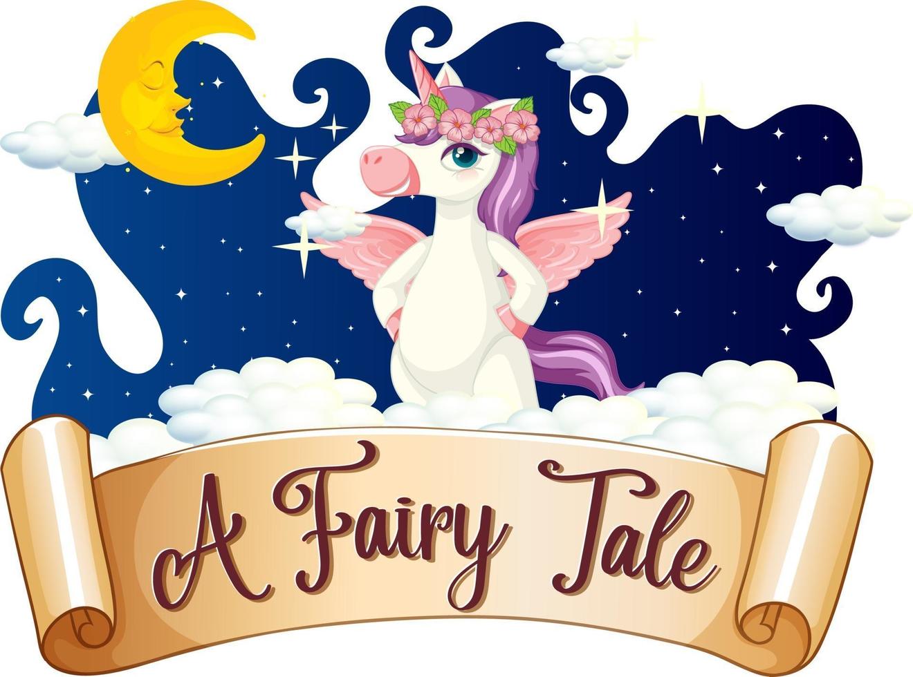 A Fairy Tale font with unicorn cartoon character standing on a cloud vector