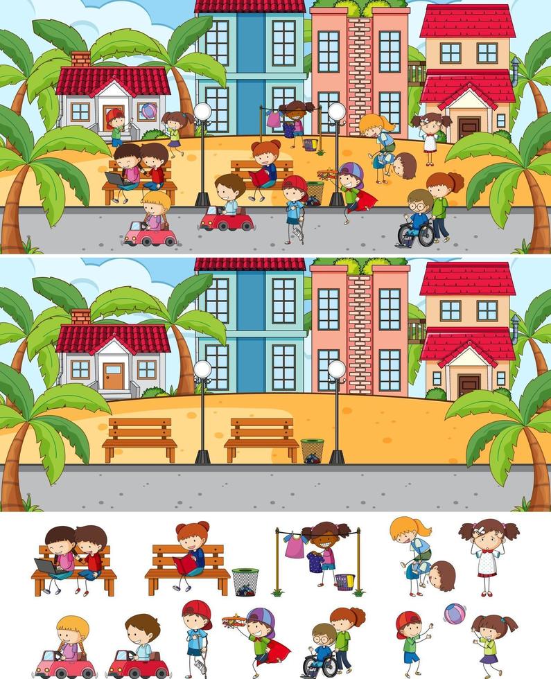 Set of different horizontal scenes background with doodle kids cartoon character vector