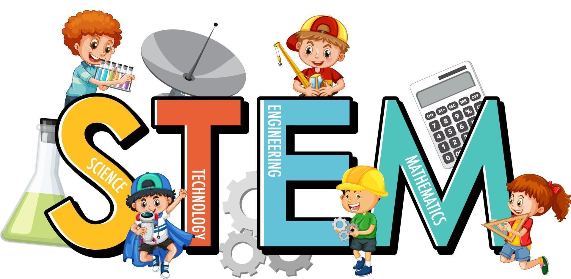 STEM education logo with many children cartoon character vector