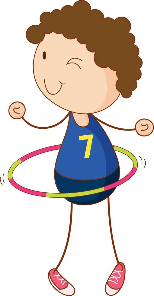 Cute boy playing hula hoop cartoon character in hand drawn doodle style isolated vector