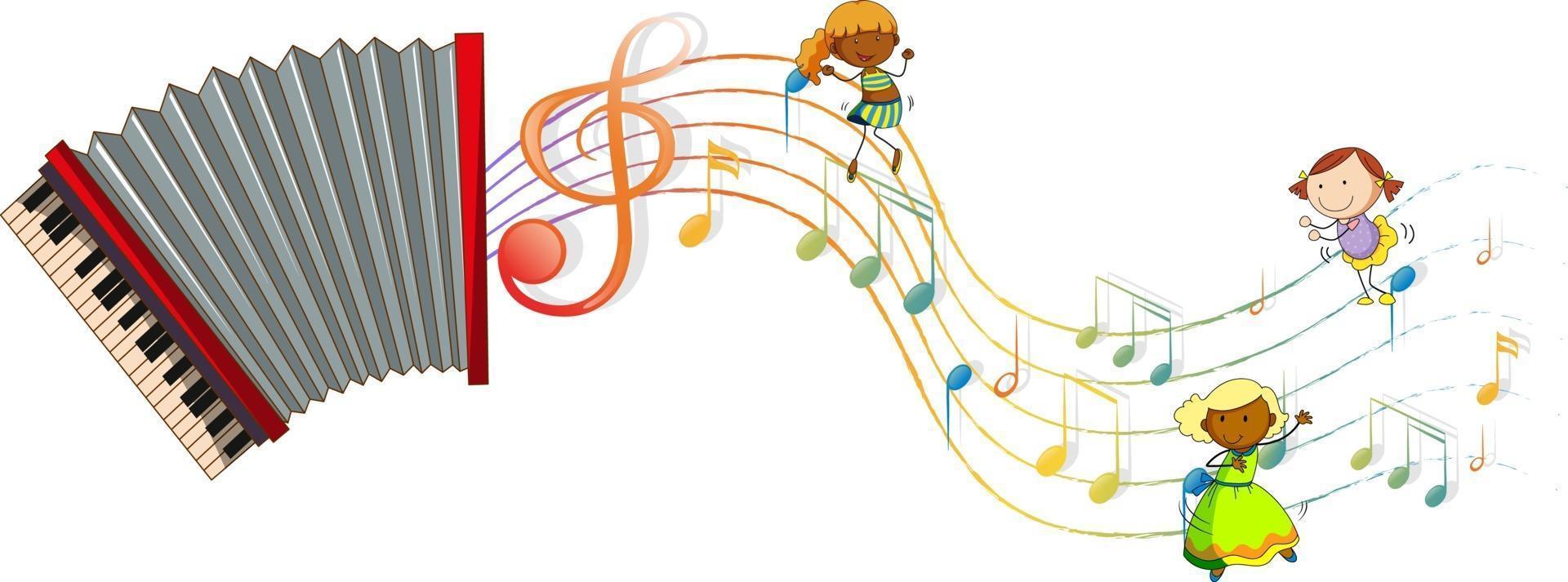 Instrumento musical de acordeón con niños y símbolos de melodía. vector