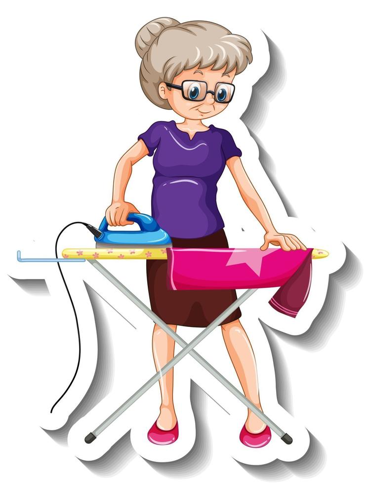 A sticker template with an old woman ironing shirt cartoon character vector