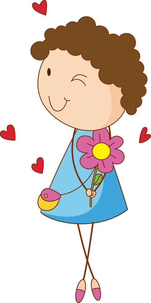 A doodle kid holding flower cartoon character isolated vector