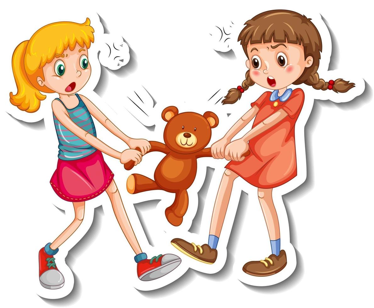 Sticker template with two girls fighting over a teddy bear on white background vector