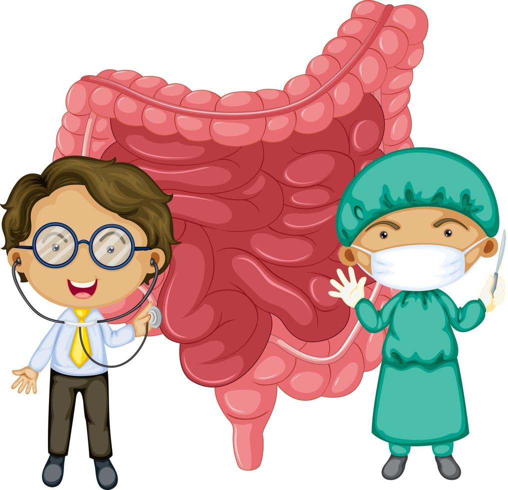 intestino con dos médicos con máscara de personaje de dibujos animados vector