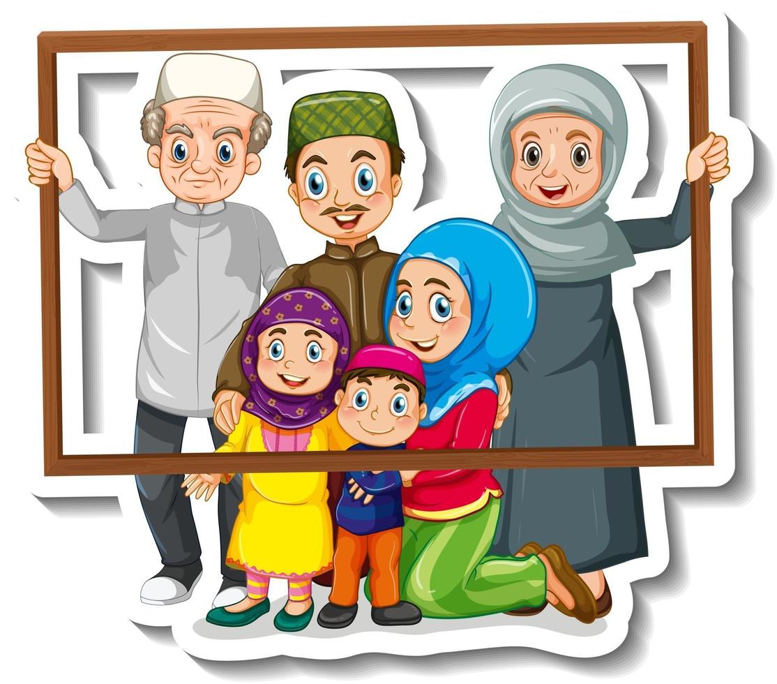 A sticker template with happy muslim family vector
