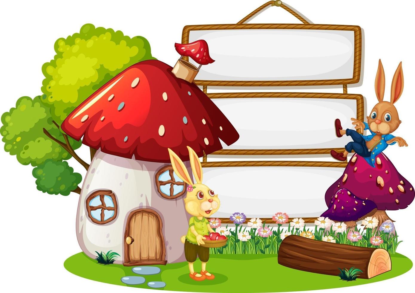 Blank banner in the garden with two rabbits isolated vector