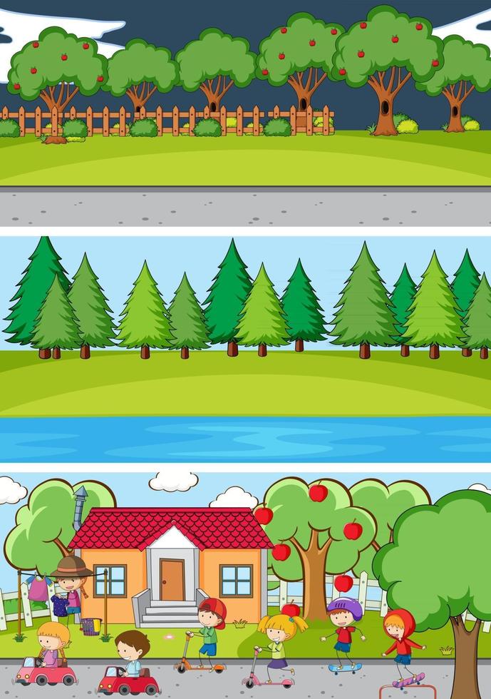 Set of different horizontal scenes background with doodle kids cartoon character vector