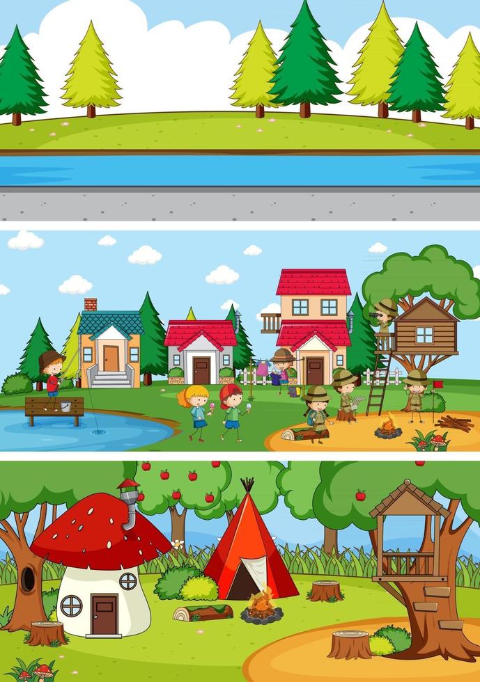 Set of different horizon scenes background with doodle kids cartoon character vector