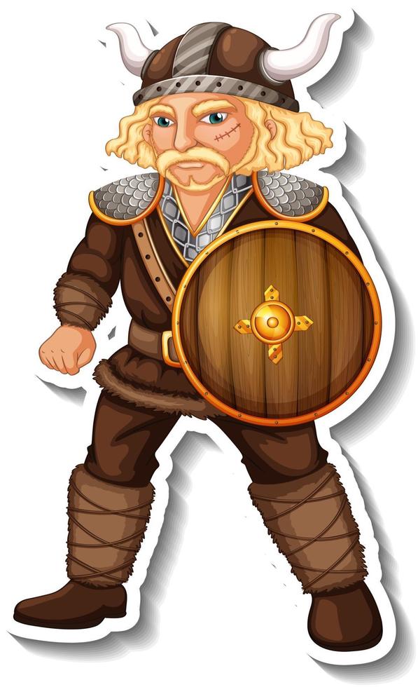 Sticker template with Viking warrior cartoon character isolated vector