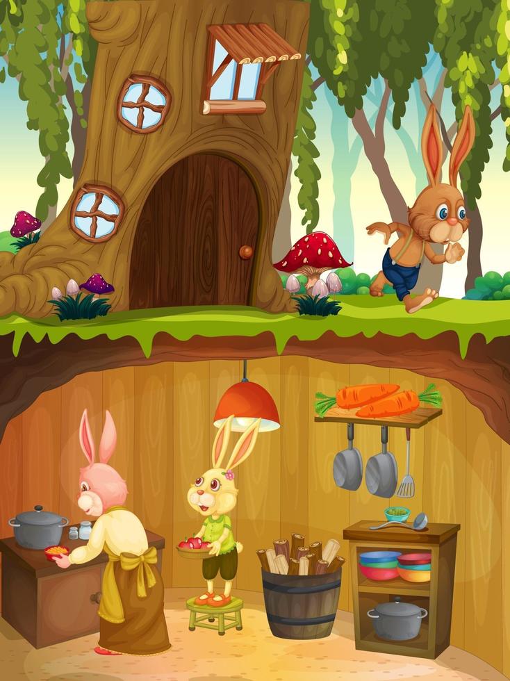 Rabbit family in underground with ground surface of the garden scene vector