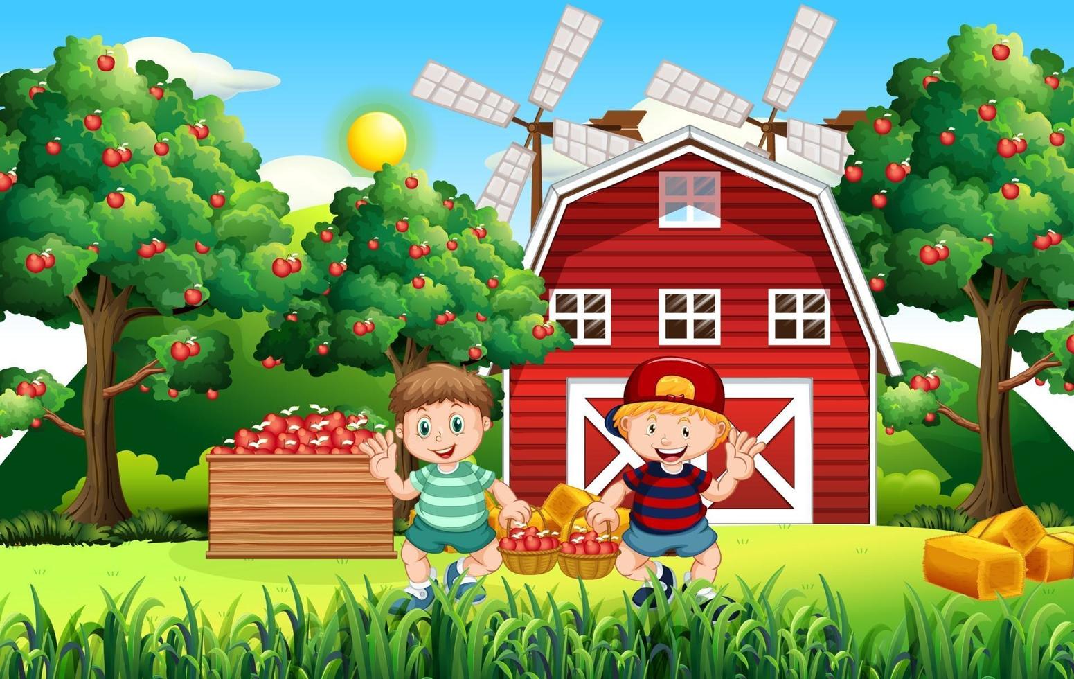 Farm scene with farmer boy harvests apples vector