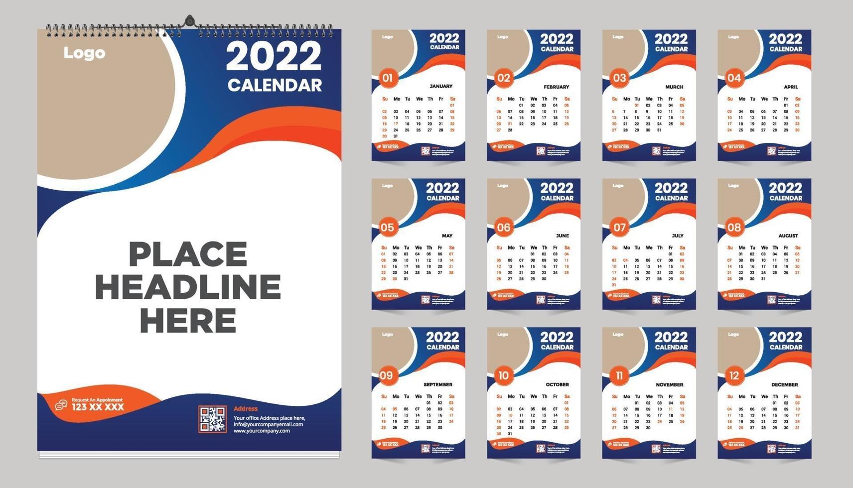 Free monthly wall calendar template design for 2022, 2023, 2024, 2025, 2026, 2026 year. Week starts on Sunday. Planner diary with Place for photo. vector