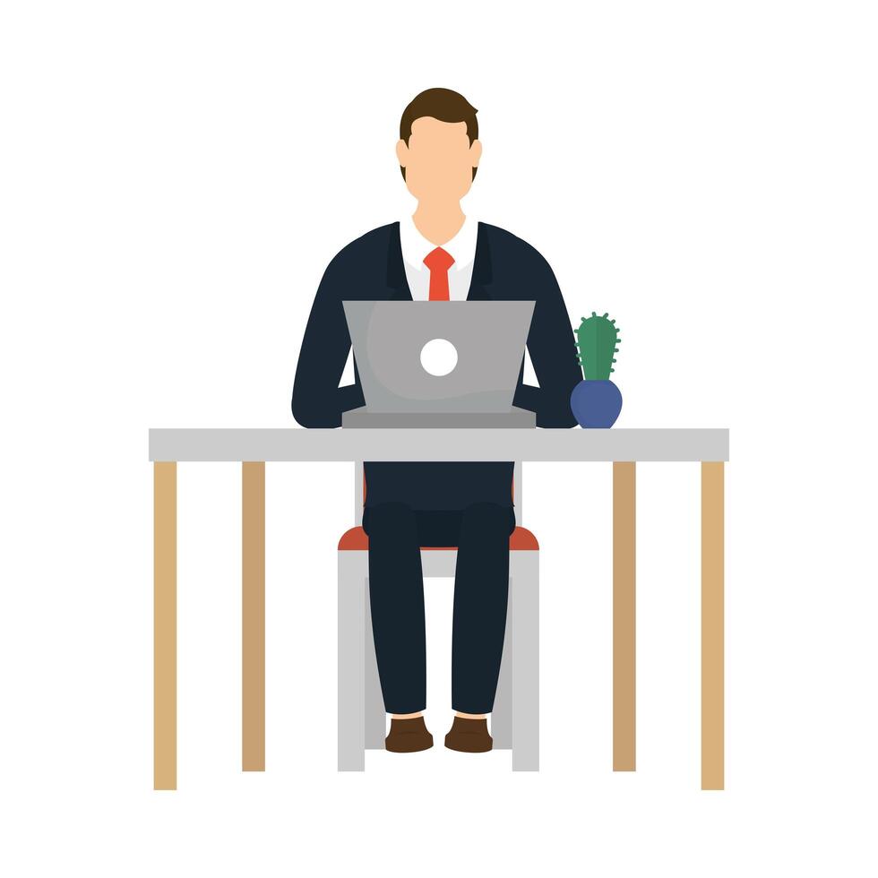 Businessman avatar with laptop on desk vector design