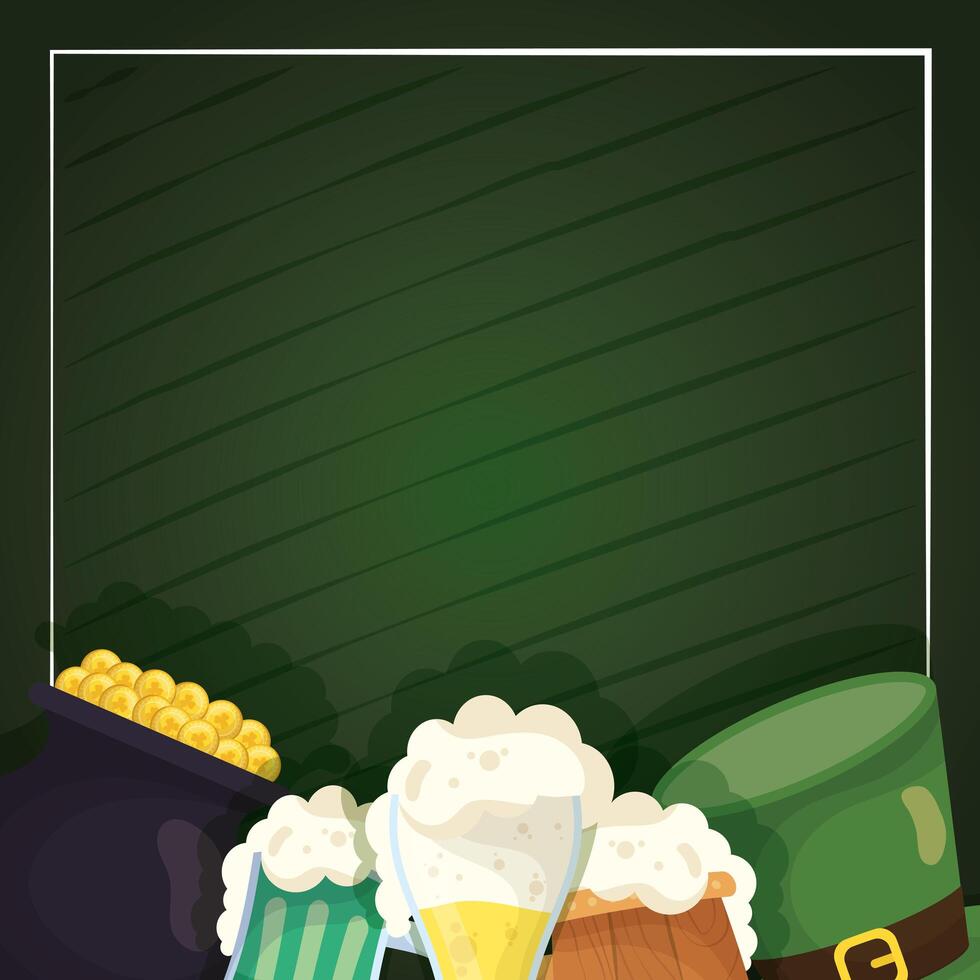 Iconos del día de San Patricio frente a diseño de vector de fondo rayado verde