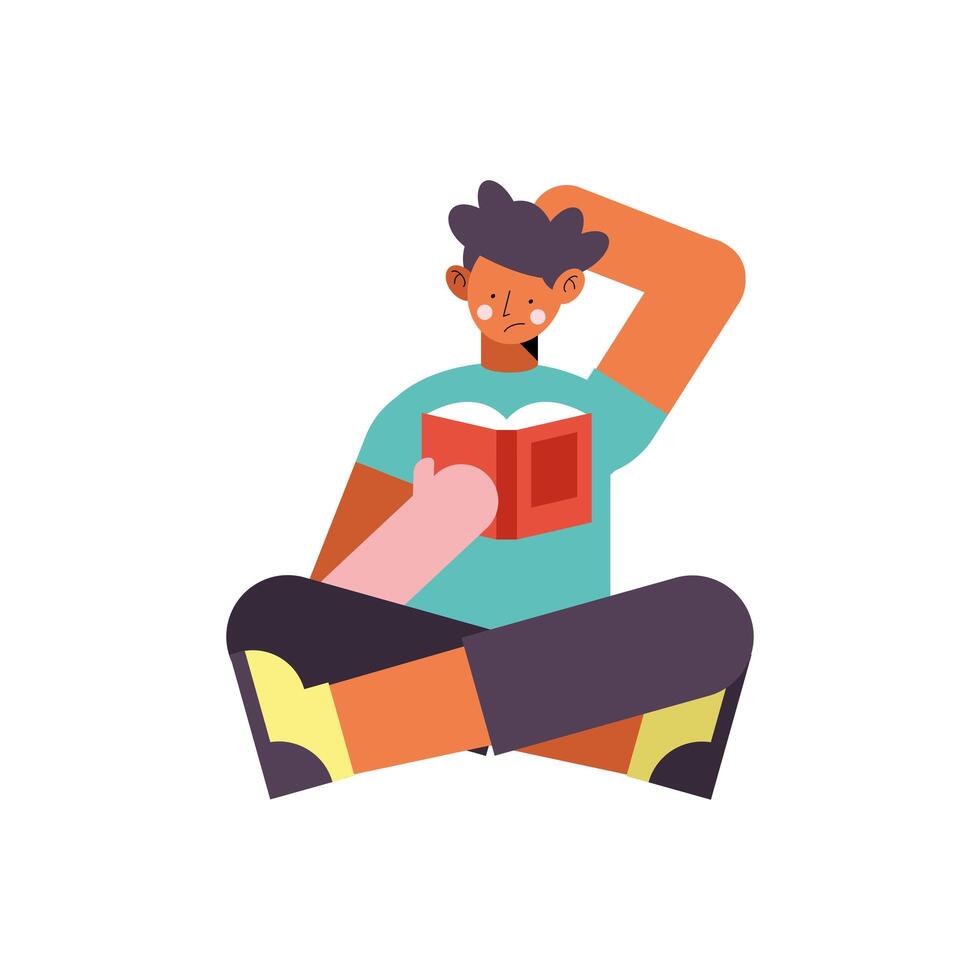 boy seated reading book vector