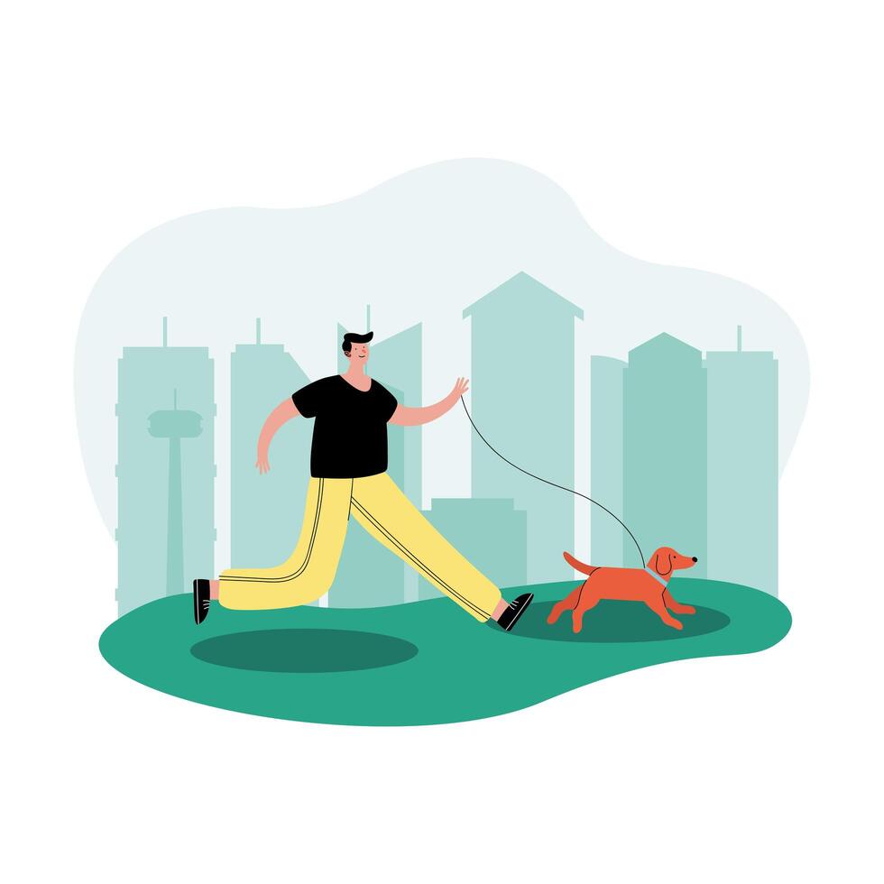 young man walking with dog in the park scene vector