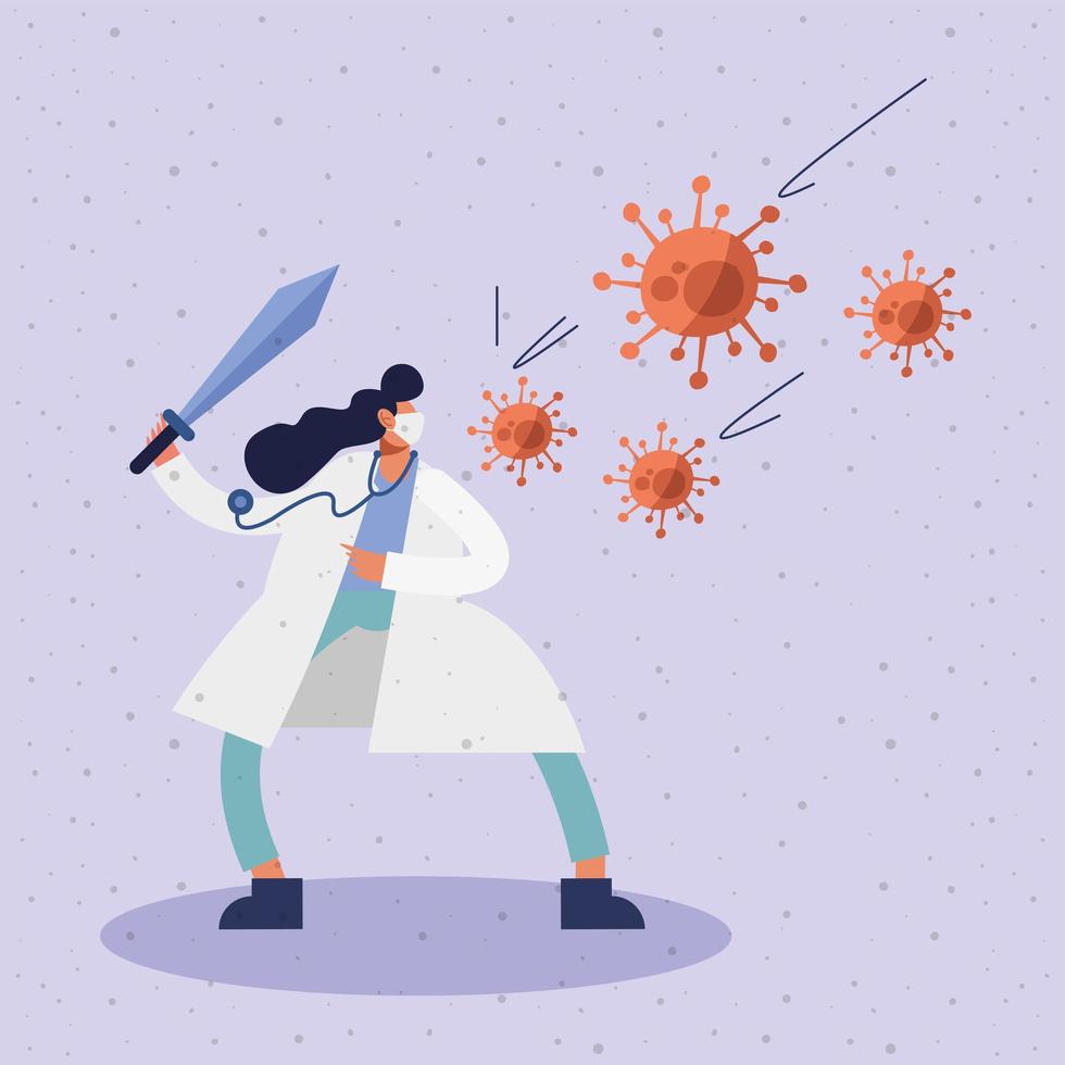 female doctor wearing medical mask with sword and virus particles vector