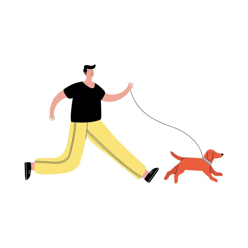 joven caminando con personaje de perro vector