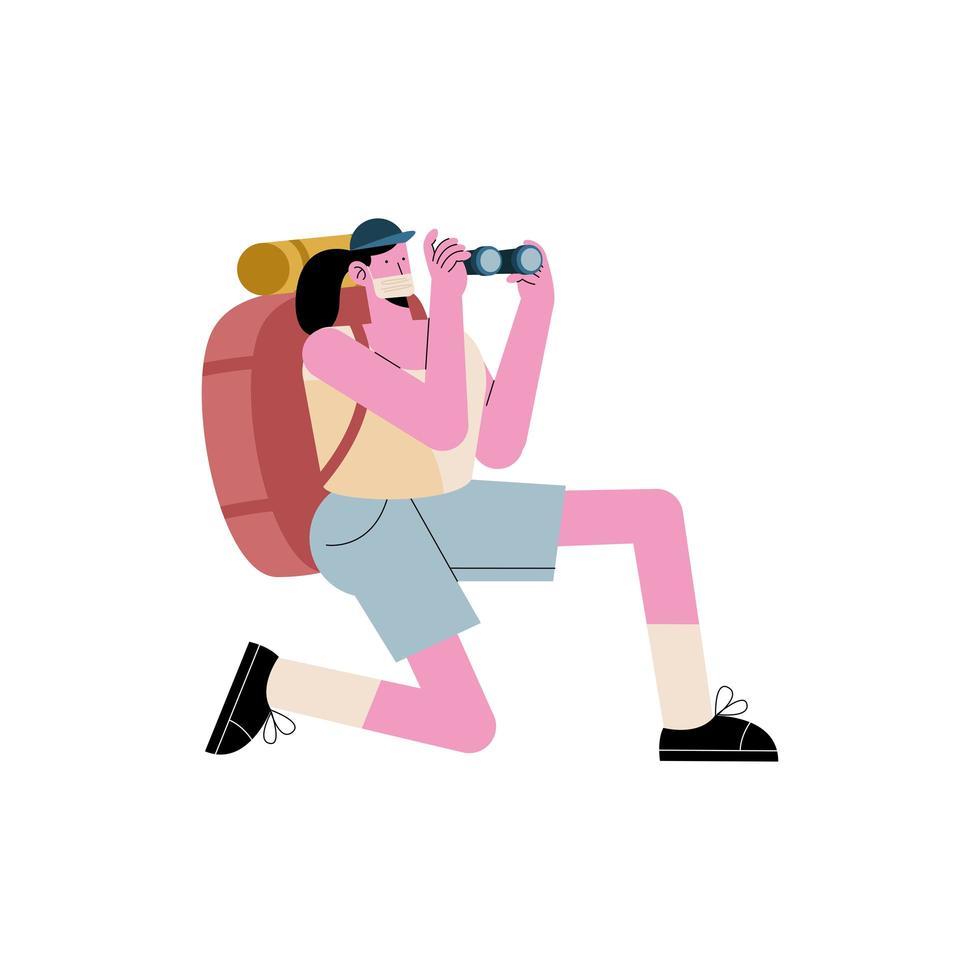 mujer viajera, llevando, máscara, con, binoculares vector