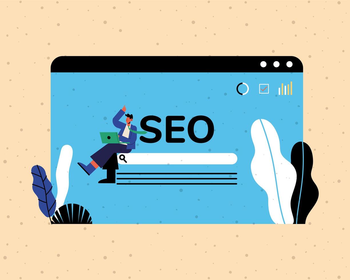 Seo website and man cartoon with laptop vector design