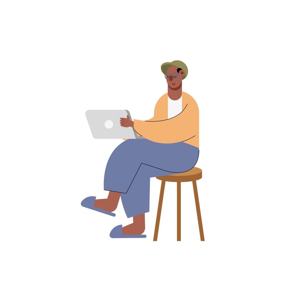 afro grandfather using laptop technology character vector