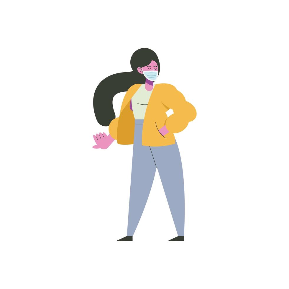 mujer joven, llevando, médico, máscara, y, chaqueta amarilla vector