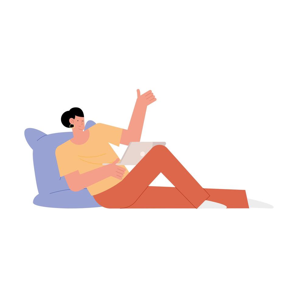 young woman relaxing using laptop vector