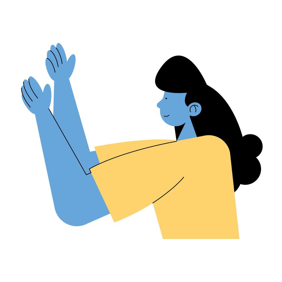 mujer joven, con, manos arriba, avatar, carácter vector