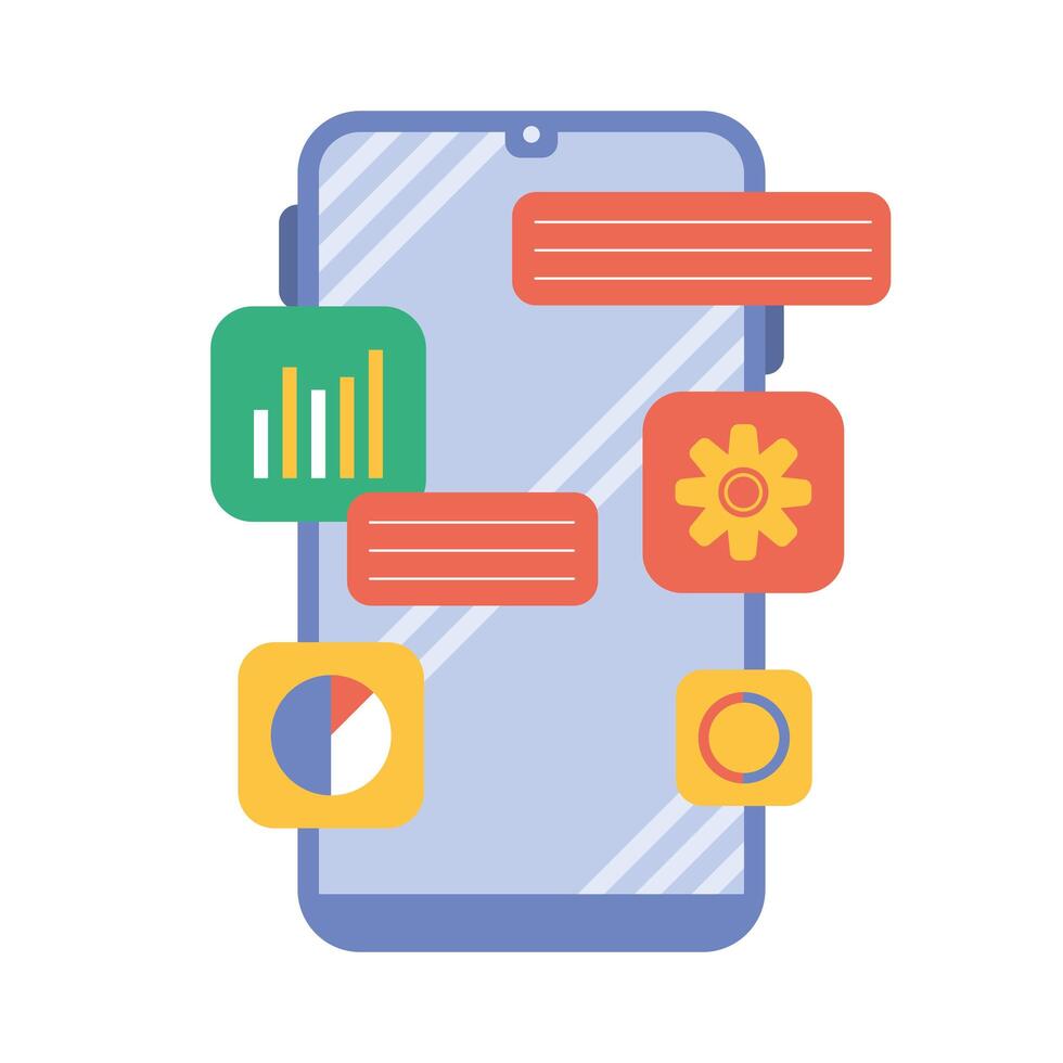 smartphone with statistics and gear icons vector