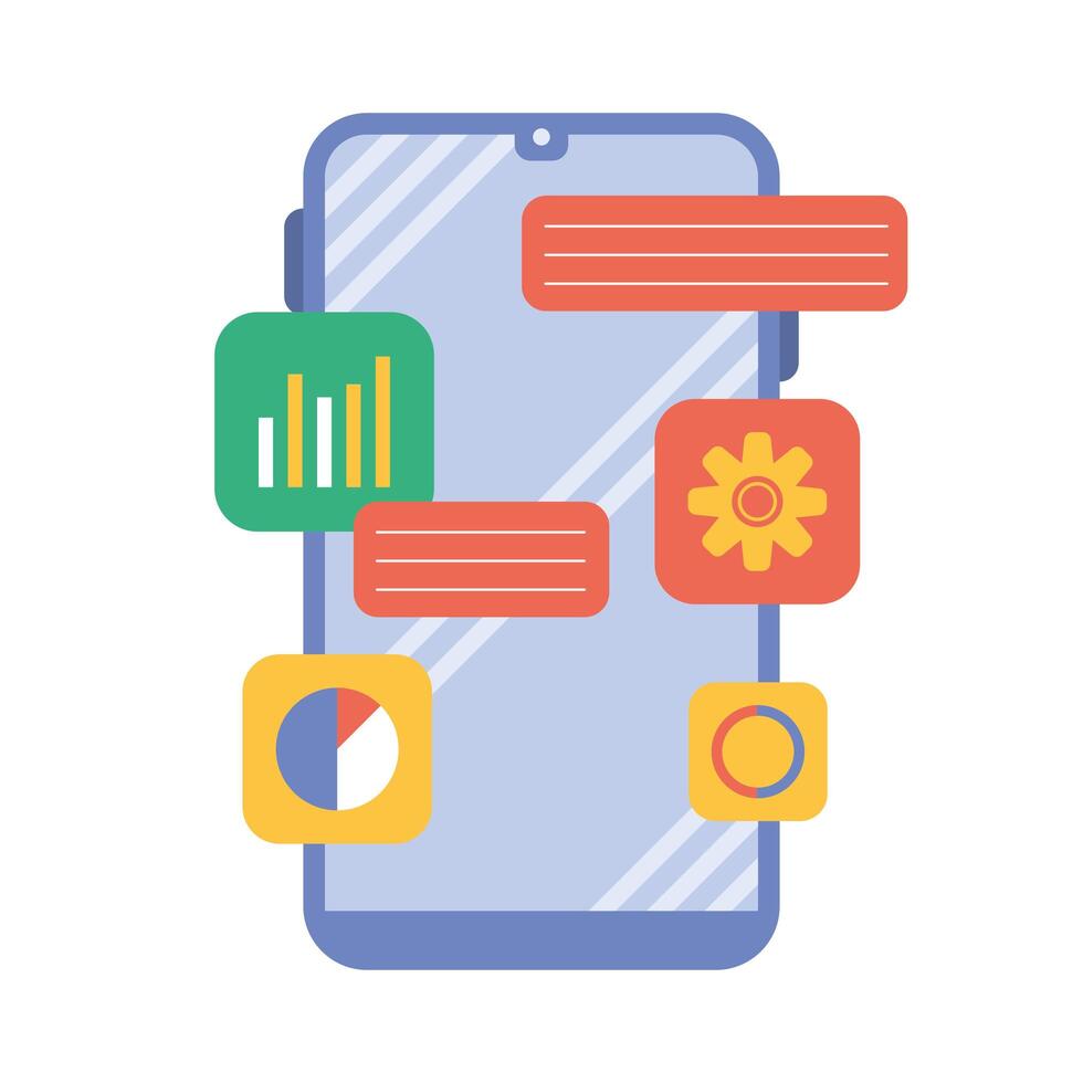 teléfono inteligente con estadísticas e iconos de engranajes vector