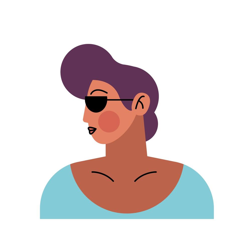 mujer joven con personaje de gafas de sol vector