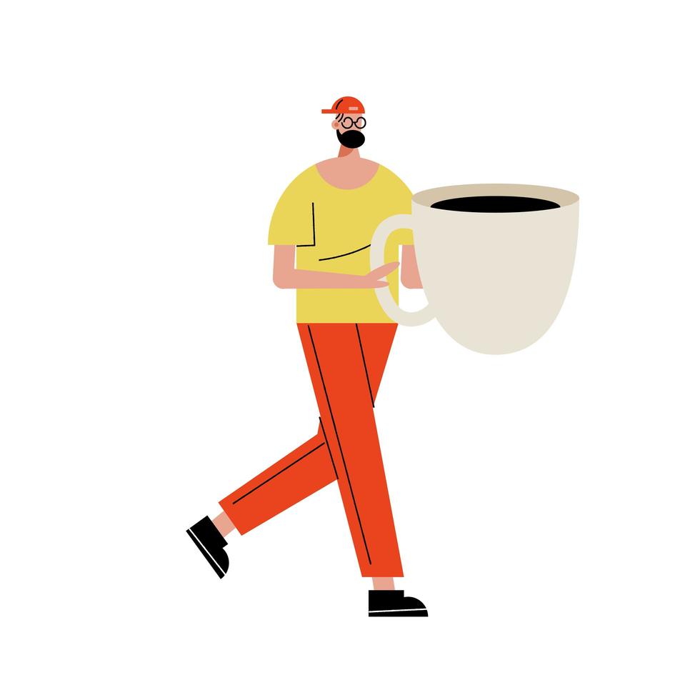 hombre joven levantando el carácter de la taza de café vector