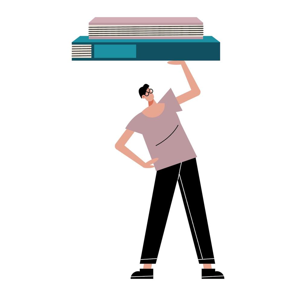 young man lifting books character vector