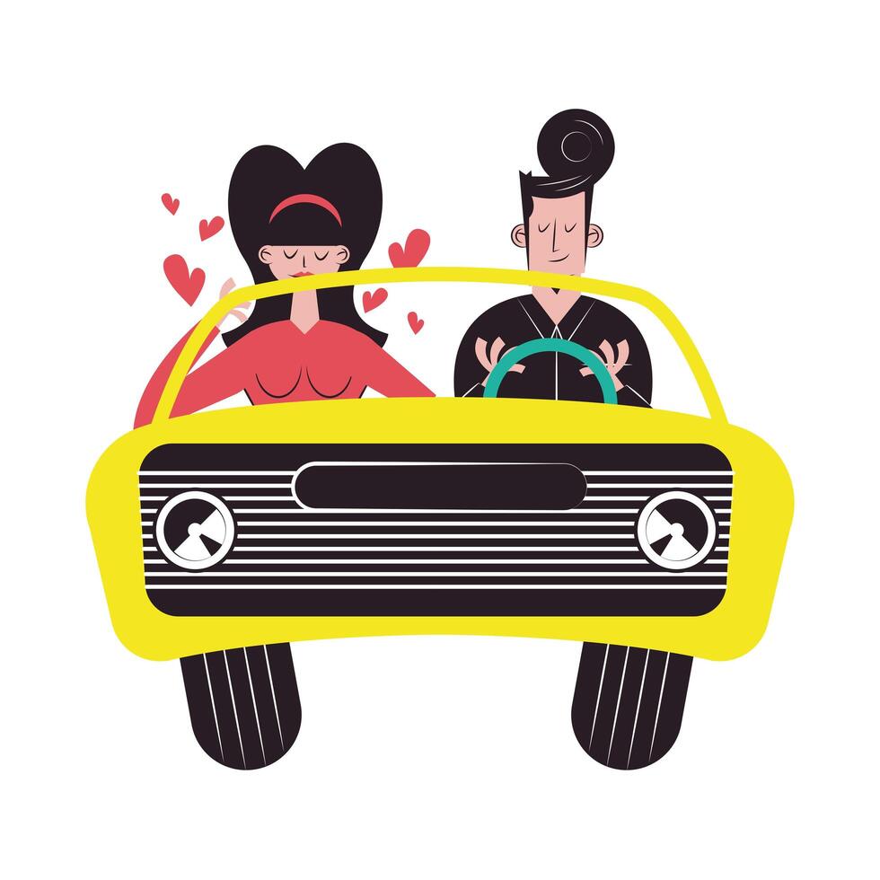 Dibujos animados de pareja romántica en diseño vectorial de coche vector