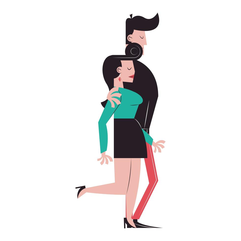 dibujos animados de pareja romántica abrazando diseño de vector de vista lateral