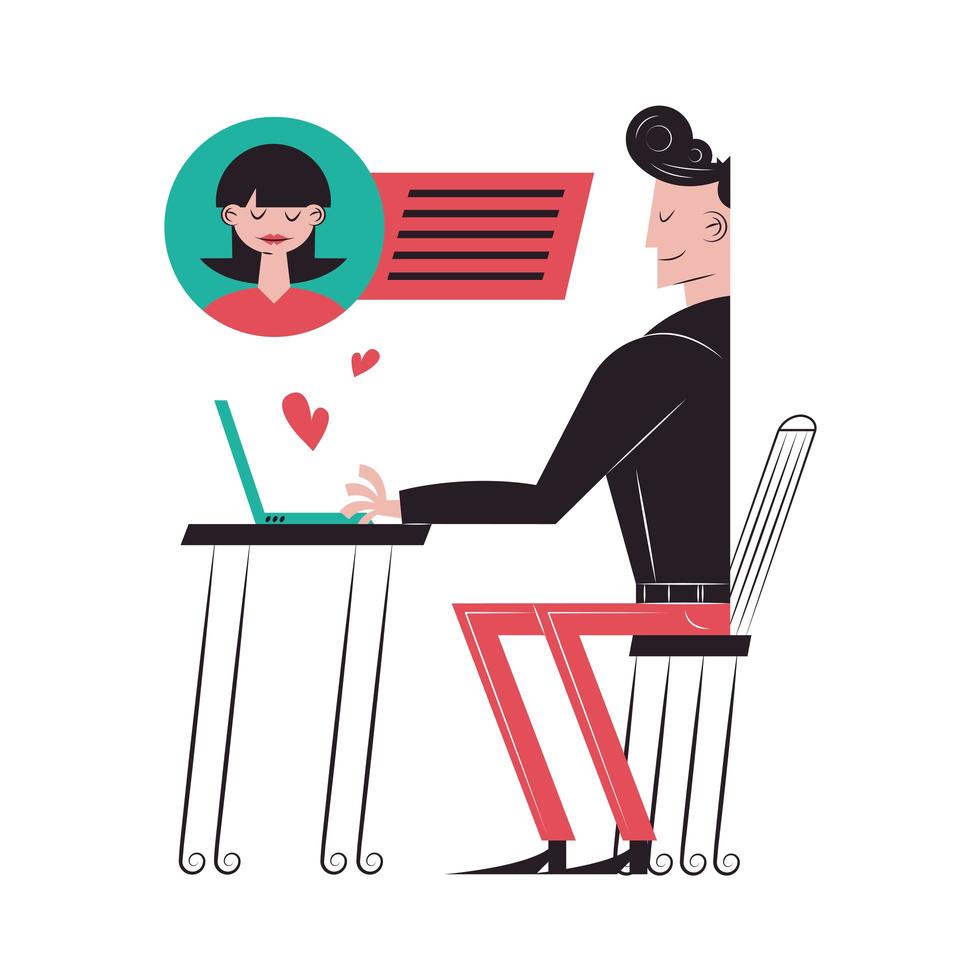 Romantic couple cartoons chatting with laptop vector design