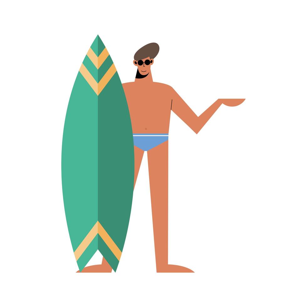 Dibujos animados de hombre de verano con diseño de vector de traje de baño y tabla de surf