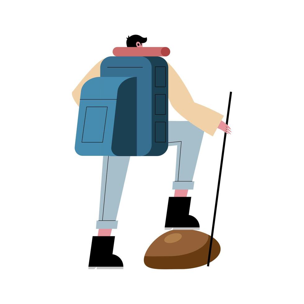 Dibujos animados de hombre excursionista con bolsa y palo en piedra diseño vectorial al revés vector