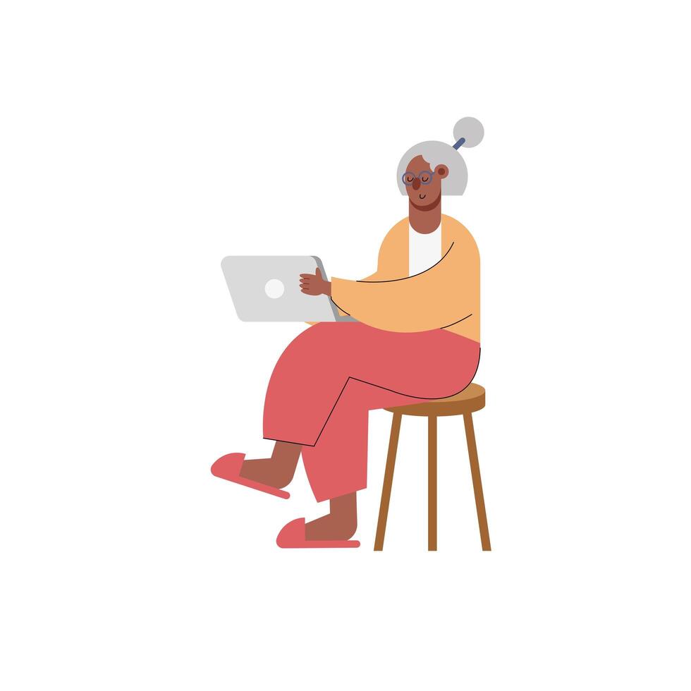 afro old woman using laptop technology character seated in chair vector