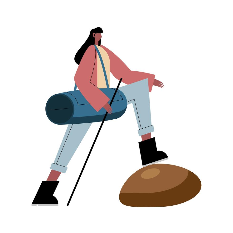 Dibujos animados de mujer excursionista con bolsa y palo en diseño vectorial de piedra vector