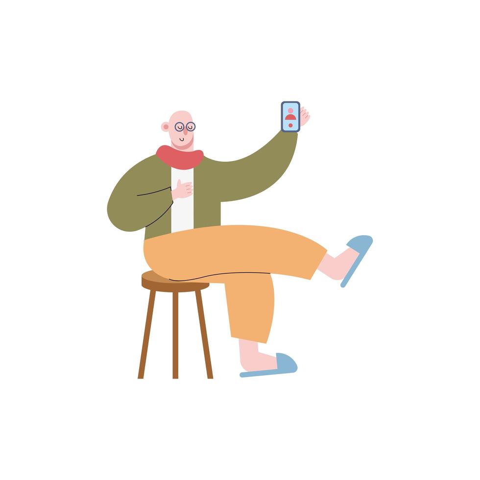 abuelo usando tecnología de teléfono inteligente sentado en una silla vector