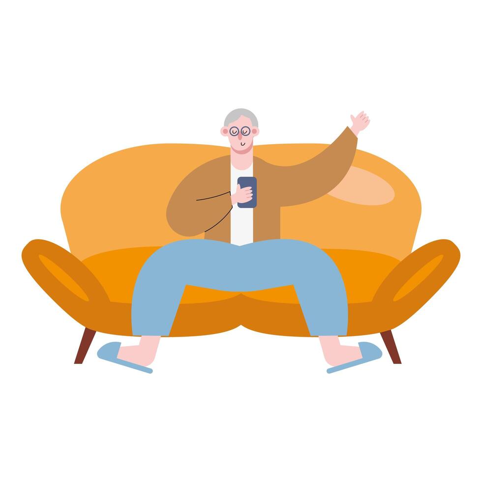 grandfather using smartphone technology seated in sofa vector